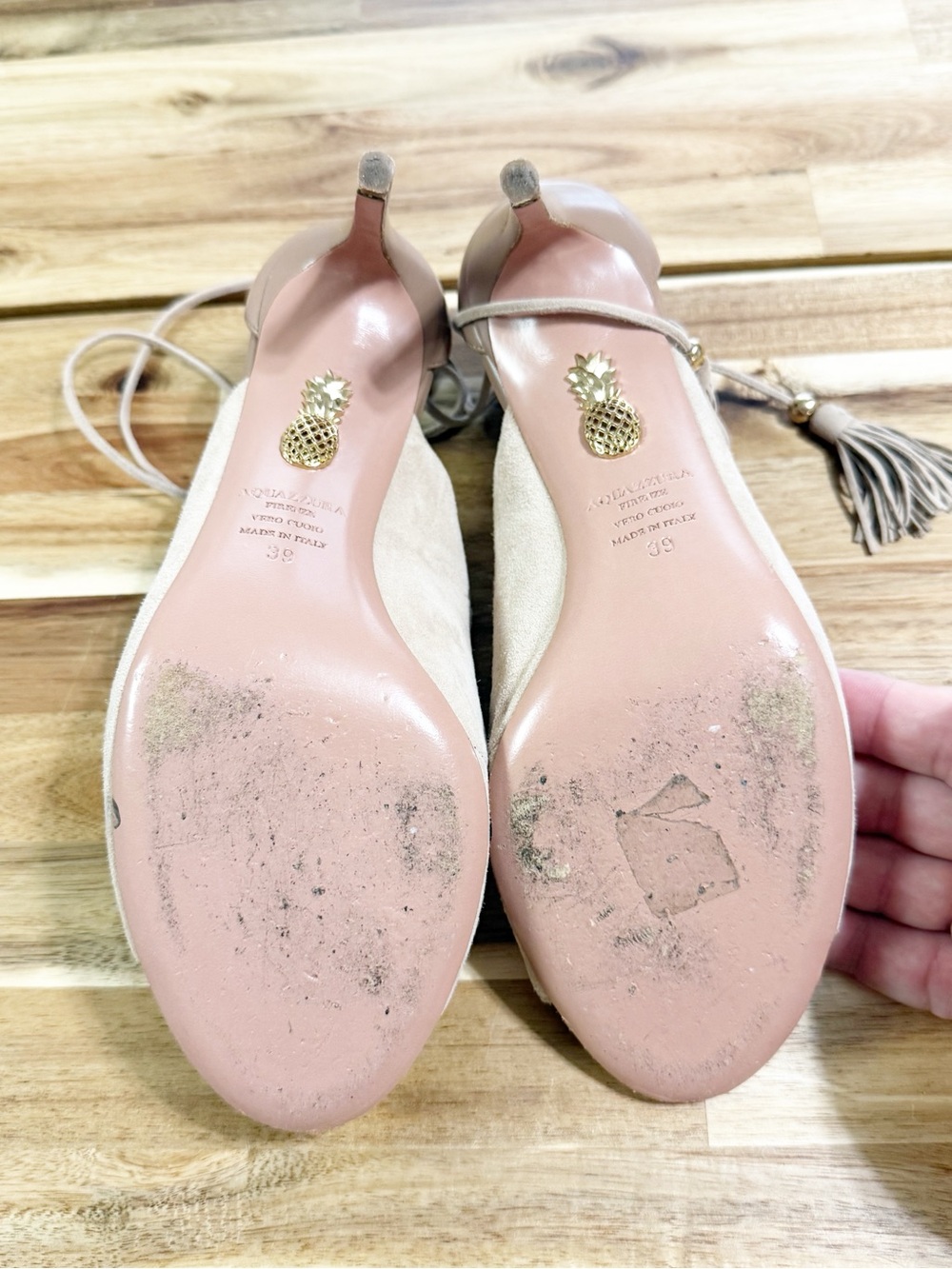Aquazzura Get Me Everywhere Suede Tassel Cutout Tan Nude 105 Heels Size 39 - Picture 10 of 11